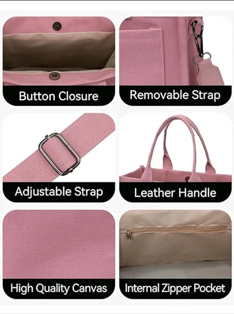 Pink Canvas Tote Bag Versatile Stripes Hobo Shoulder Bag, MultiCompartments